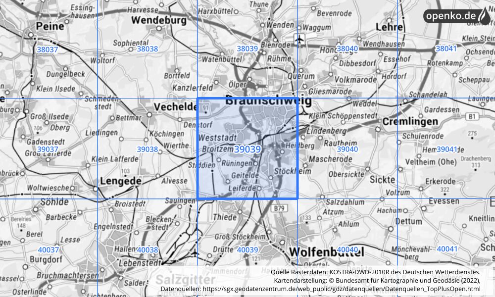 Übersichtskarte KOSTRA-DWD-2010R Rasterfeld Nr. 39039 mit angrenzenden Feldern