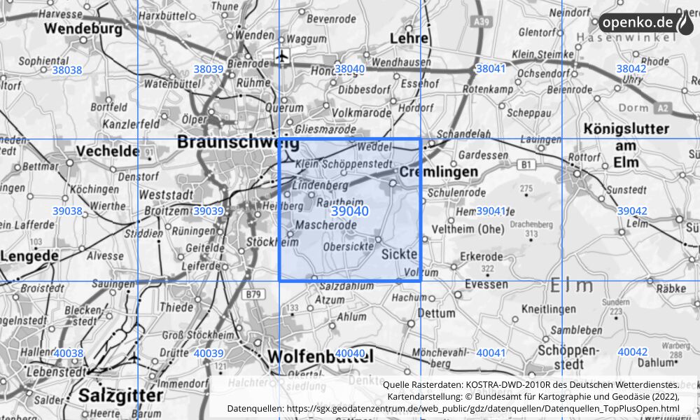 Übersichtskarte KOSTRA-DWD-2010R Rasterfeld Nr. 39040 mit angrenzenden Feldern