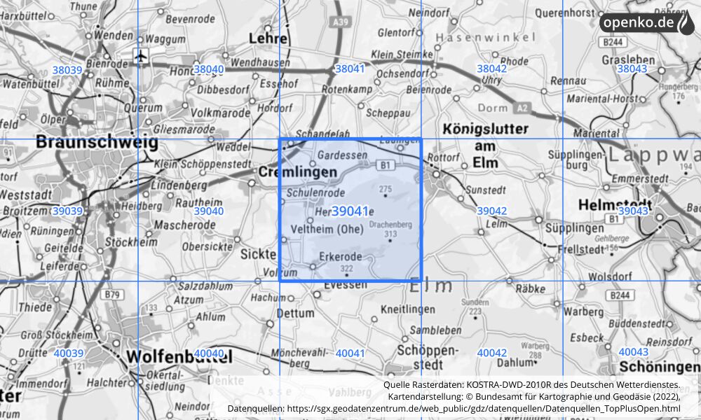 Übersichtskarte KOSTRA-DWD-2010R Rasterfeld Nr. 39041 mit angrenzenden Feldern