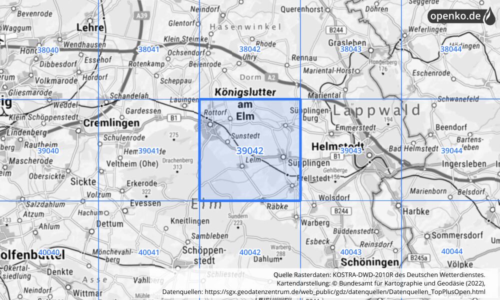 Übersichtskarte KOSTRA-DWD-2010R Rasterfeld Nr. 39042 mit angrenzenden Feldern