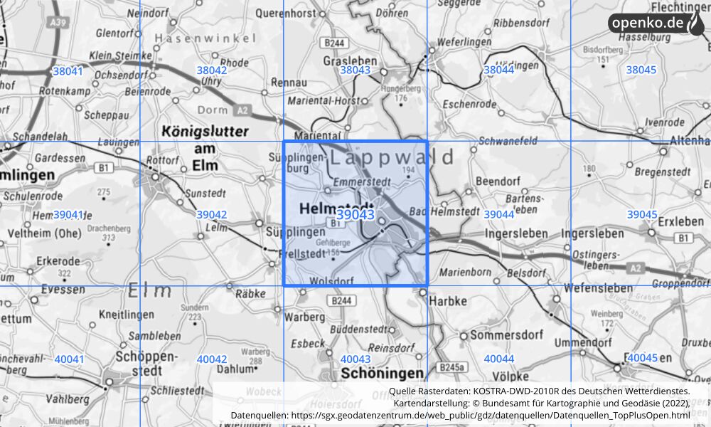 Übersichtskarte KOSTRA-DWD-2010R Rasterfeld Nr. 39043 mit angrenzenden Feldern