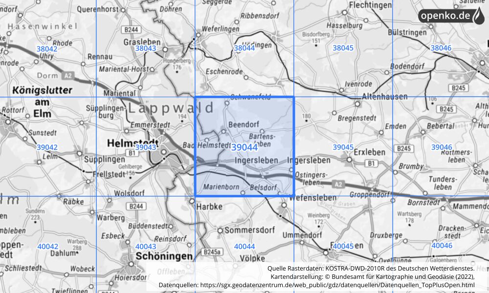 Übersichtskarte KOSTRA-DWD-2010R Rasterfeld Nr. 39044 mit angrenzenden Feldern