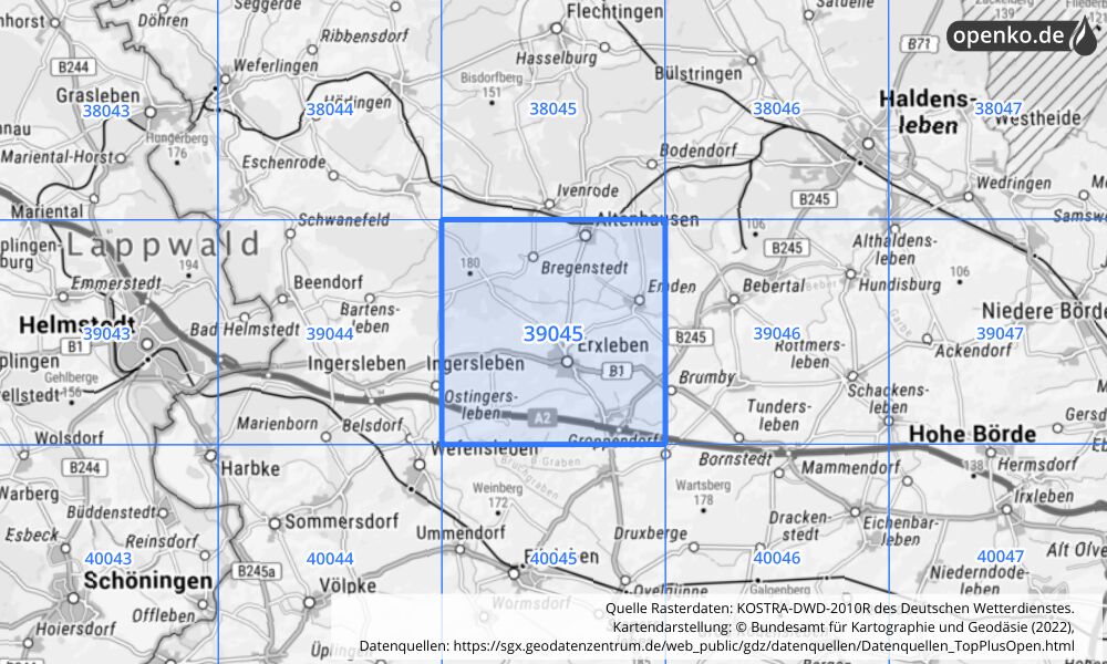 Übersichtskarte KOSTRA-DWD-2010R Rasterfeld Nr. 39045 mit angrenzenden Feldern