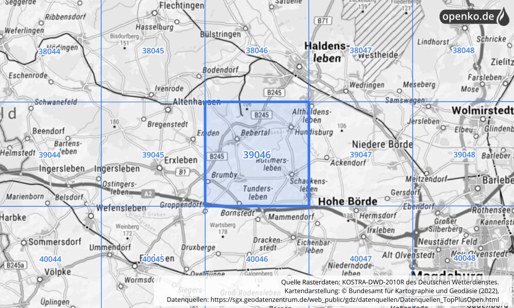 Übersichtskarte KOSTRA-DWD-2010R Rasterfeld Nr. 39046 mit angrenzenden Feldern