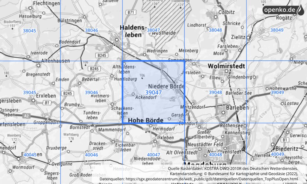 Übersichtskarte KOSTRA-DWD-2010R Rasterfeld Nr. 39047 mit angrenzenden Feldern