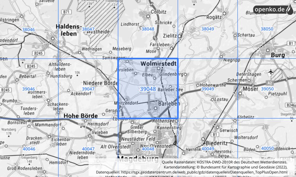 Übersichtskarte KOSTRA-DWD-2010R Rasterfeld Nr. 39048 mit angrenzenden Feldern