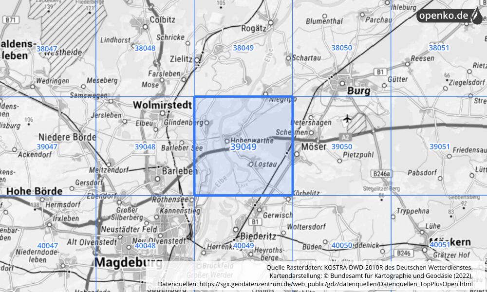 Übersichtskarte KOSTRA-DWD-2010R Rasterfeld Nr. 39049 mit angrenzenden Feldern