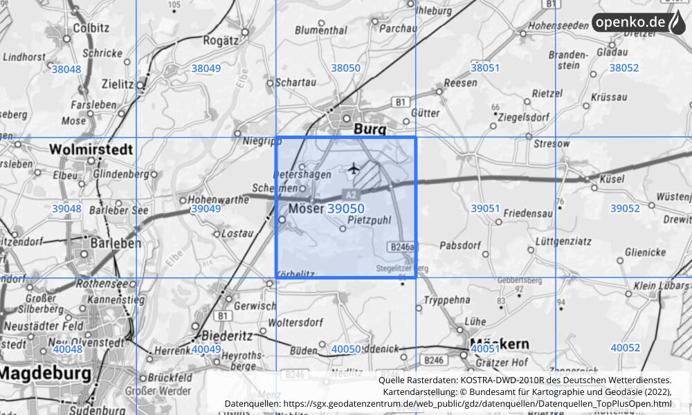 Übersichtskarte KOSTRA-DWD-2010R Rasterfeld Nr. 39050 mit angrenzenden Feldern