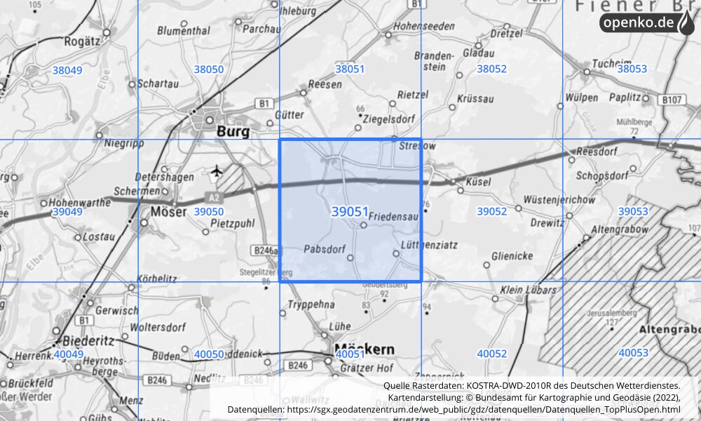 Übersichtskarte KOSTRA-DWD-2010R Rasterfeld Nr. 39051 mit angrenzenden Feldern