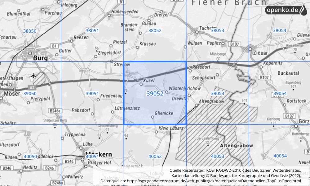 Übersichtskarte KOSTRA-DWD-2010R Rasterfeld Nr. 39052 mit angrenzenden Feldern