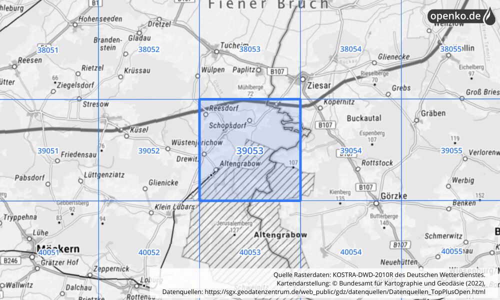 Übersichtskarte KOSTRA-DWD-2010R Rasterfeld Nr. 39053 mit angrenzenden Feldern