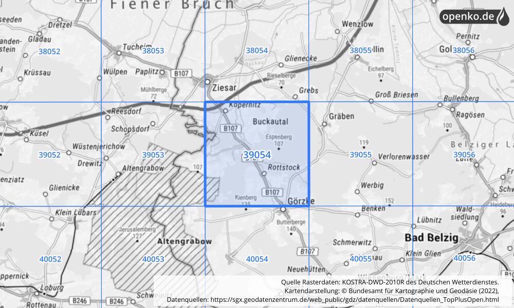 Übersichtskarte KOSTRA-DWD-2010R Rasterfeld Nr. 39054 mit angrenzenden Feldern