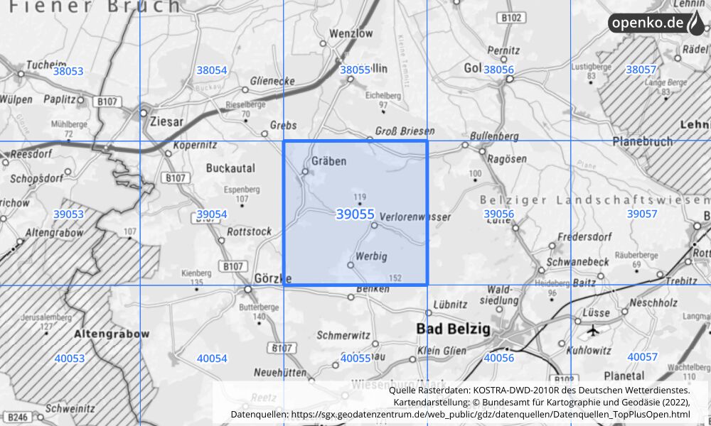 Übersichtskarte KOSTRA-DWD-2010R Rasterfeld Nr. 39055 mit angrenzenden Feldern