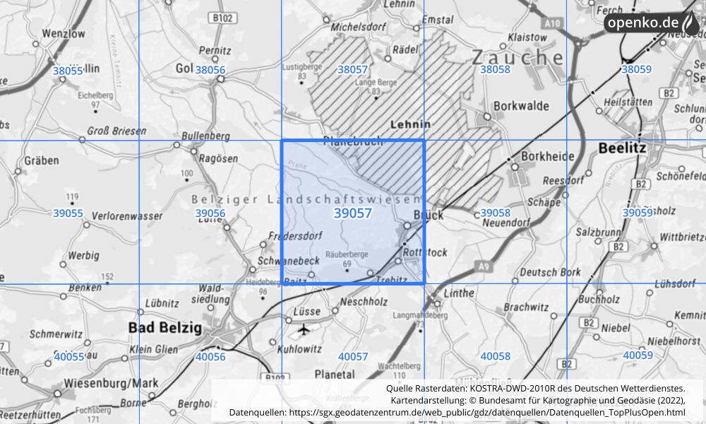 Übersichtskarte KOSTRA-DWD-2010R Rasterfeld Nr. 39057 mit angrenzenden Feldern