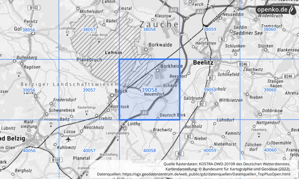 Übersichtskarte KOSTRA-DWD-2010R Rasterfeld Nr. 39058 mit angrenzenden Feldern