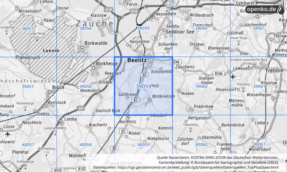 Übersichtskarte KOSTRA-DWD-2010R Rasterfeld Nr. 39059 mit angrenzenden Feldern