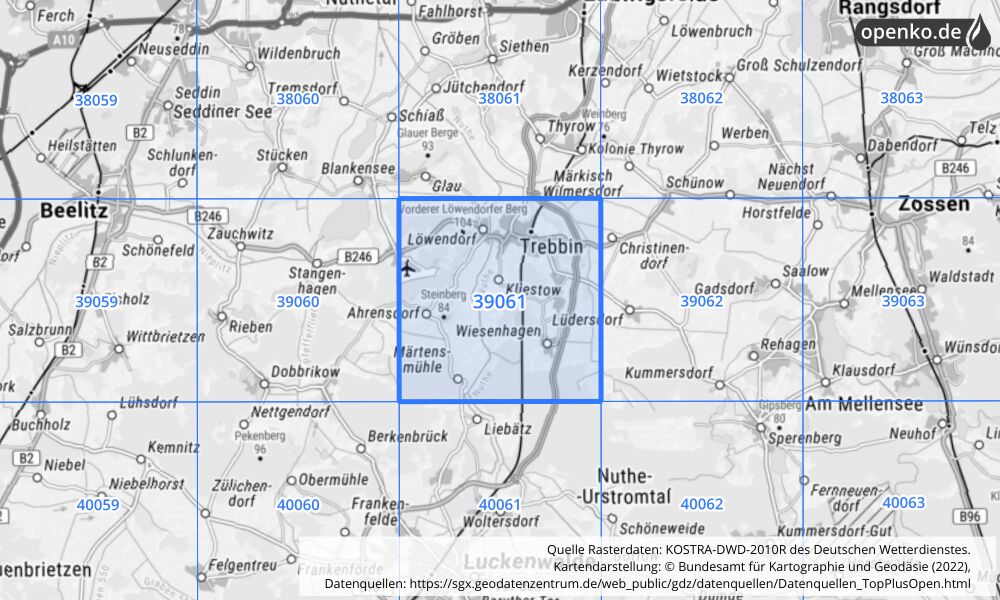 Übersichtskarte KOSTRA-DWD-2010R Rasterfeld Nr. 39061 mit angrenzenden Feldern