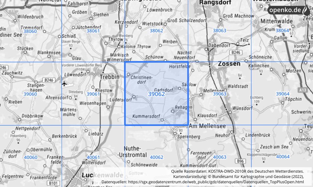 Übersichtskarte KOSTRA-DWD-2010R Rasterfeld Nr. 39062 mit angrenzenden Feldern