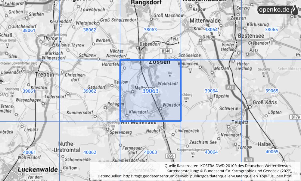 Übersichtskarte KOSTRA-DWD-2010R Rasterfeld Nr. 39063 mit angrenzenden Feldern