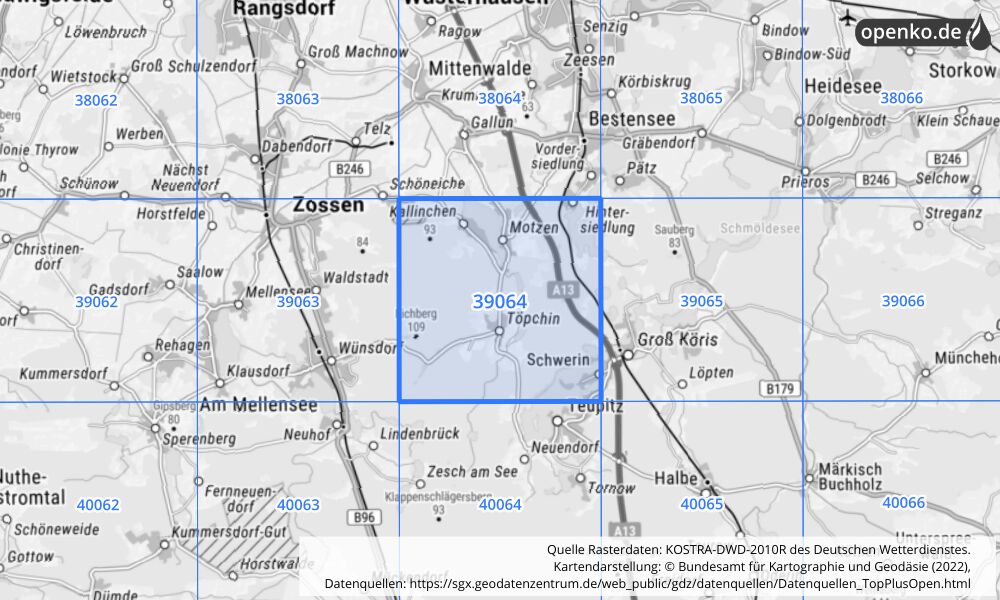 Übersichtskarte KOSTRA-DWD-2010R Rasterfeld Nr. 39064 mit angrenzenden Feldern