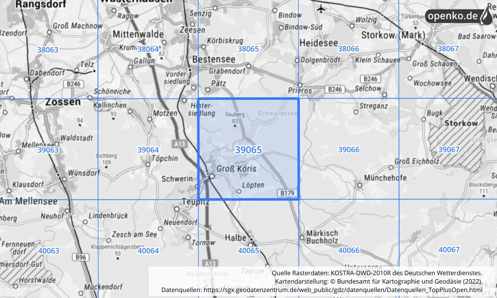 Übersichtskarte KOSTRA-DWD-2010R Rasterfeld Nr. 39065 mit angrenzenden Feldern