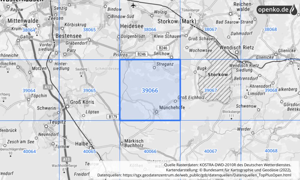 Übersichtskarte KOSTRA-DWD-2010R Rasterfeld Nr. 39066 mit angrenzenden Feldern