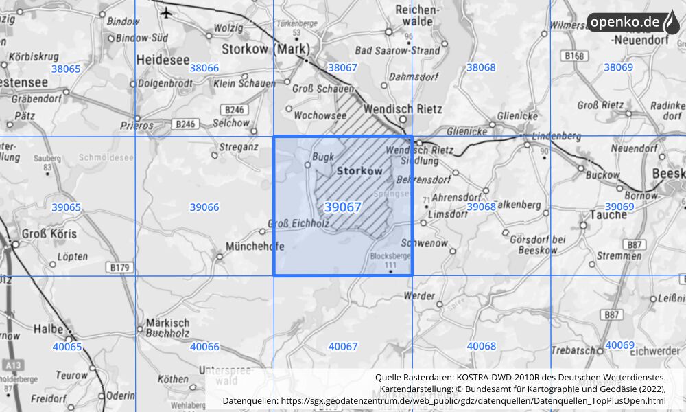 Übersichtskarte KOSTRA-DWD-2010R Rasterfeld Nr. 39067 mit angrenzenden Feldern