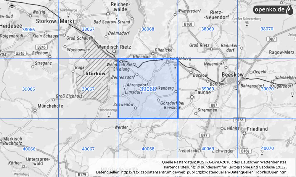 Übersichtskarte KOSTRA-DWD-2010R Rasterfeld Nr. 39068 mit angrenzenden Feldern