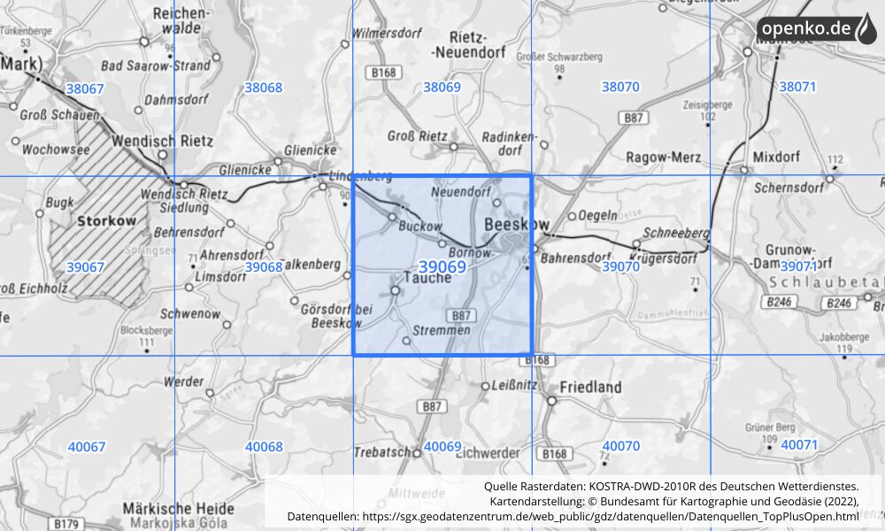 Übersichtskarte KOSTRA-DWD-2010R Rasterfeld Nr. 39069 mit angrenzenden Feldern