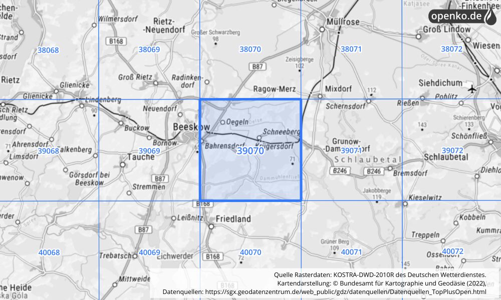 Übersichtskarte KOSTRA-DWD-2010R Rasterfeld Nr. 39070 mit angrenzenden Feldern