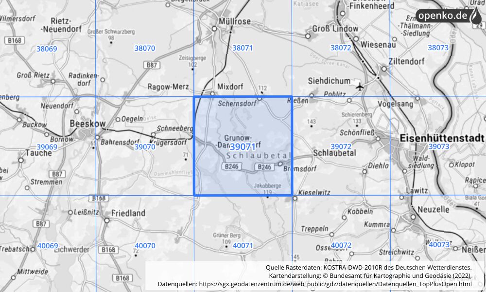 Übersichtskarte KOSTRA-DWD-2010R Rasterfeld Nr. 39071 mit angrenzenden Feldern