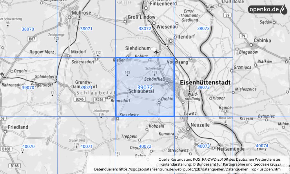 Übersichtskarte KOSTRA-DWD-2010R Rasterfeld Nr. 39072 mit angrenzenden Feldern