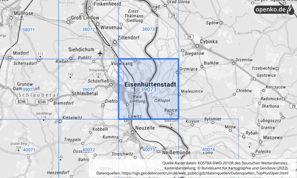 Übersichtskarte KOSTRA-DWD-2010R Rasterfeld Nr. 39073 mit angrenzenden Feldern