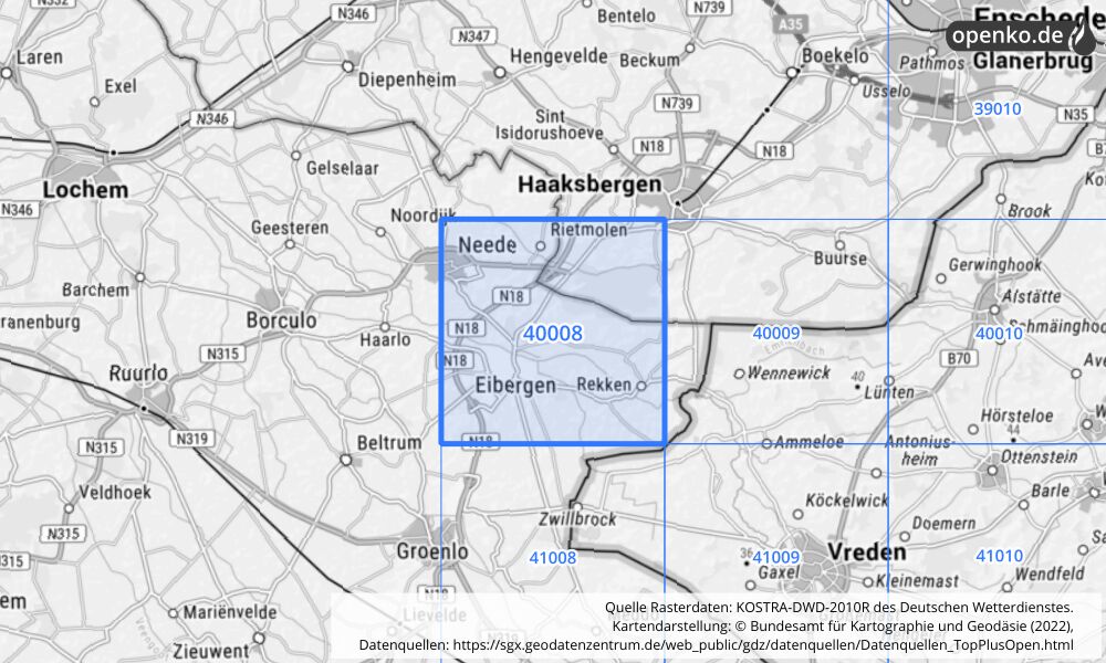 Übersichtskarte KOSTRA-DWD-2010R Rasterfeld Nr. 40008 mit angrenzenden Feldern