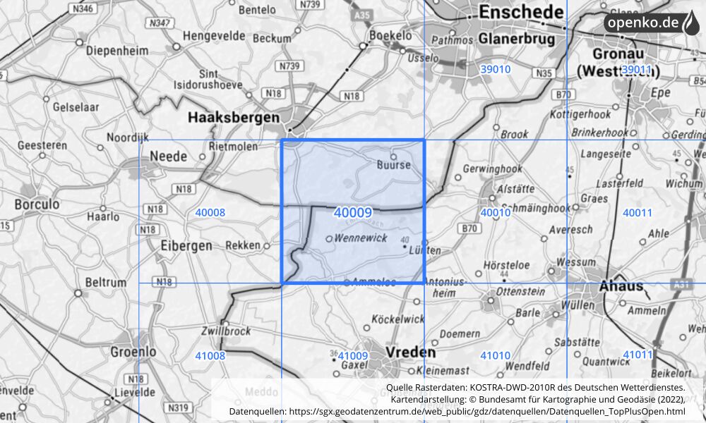 Übersichtskarte KOSTRA-DWD-2010R Rasterfeld Nr. 40009 mit angrenzenden Feldern