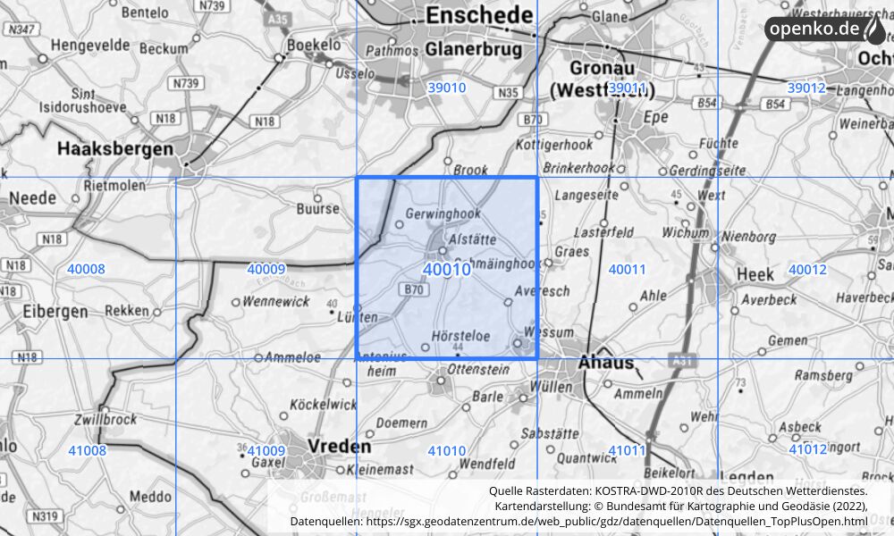 Übersichtskarte KOSTRA-DWD-2010R Rasterfeld Nr. 40010 mit angrenzenden Feldern