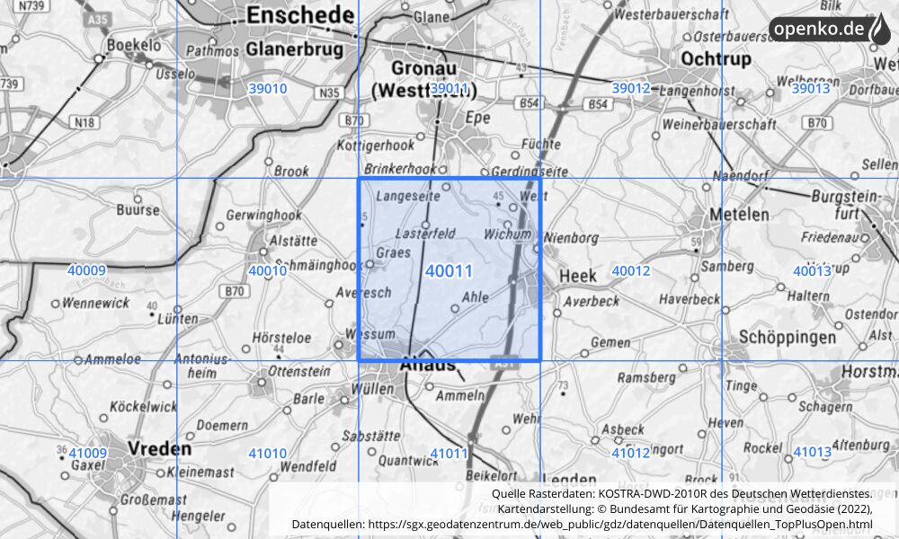 Übersichtskarte KOSTRA-DWD-2010R Rasterfeld Nr. 40011 mit angrenzenden Feldern