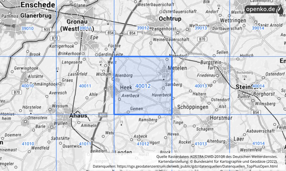 Übersichtskarte KOSTRA-DWD-2010R Rasterfeld Nr. 40012 mit angrenzenden Feldern