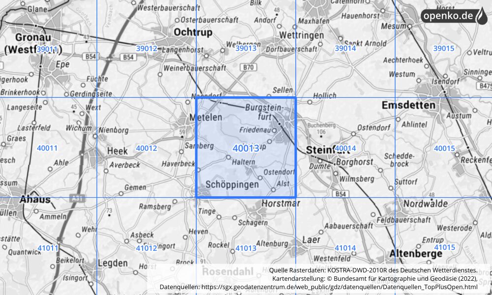 Übersichtskarte KOSTRA-DWD-2010R Rasterfeld Nr. 40013 mit angrenzenden Feldern