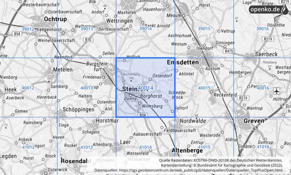 Übersichtskarte KOSTRA-DWD-2010R Rasterfeld Nr. 40014 mit angrenzenden Feldern