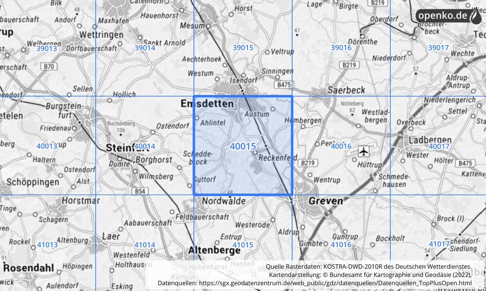 Übersichtskarte KOSTRA-DWD-2010R Rasterfeld Nr. 40015 mit angrenzenden Feldern