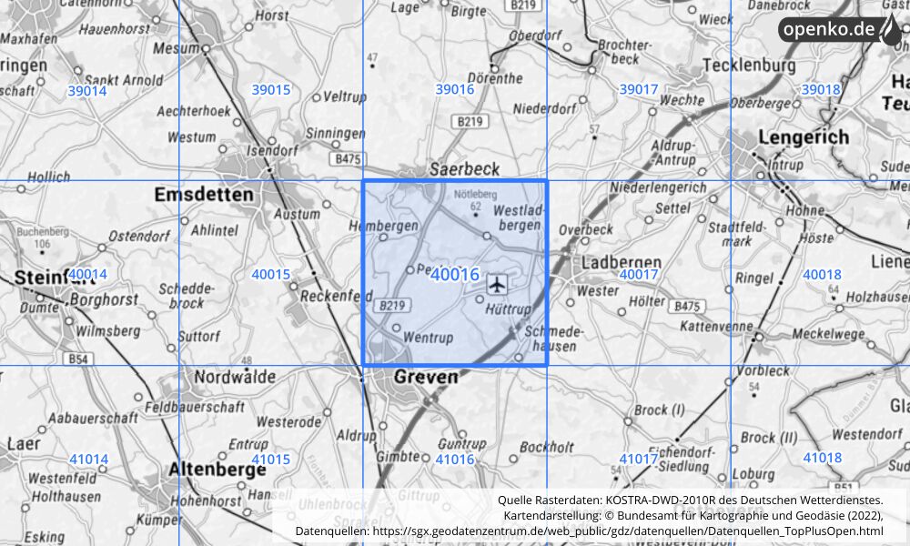 Übersichtskarte KOSTRA-DWD-2010R Rasterfeld Nr. 40016 mit angrenzenden Feldern