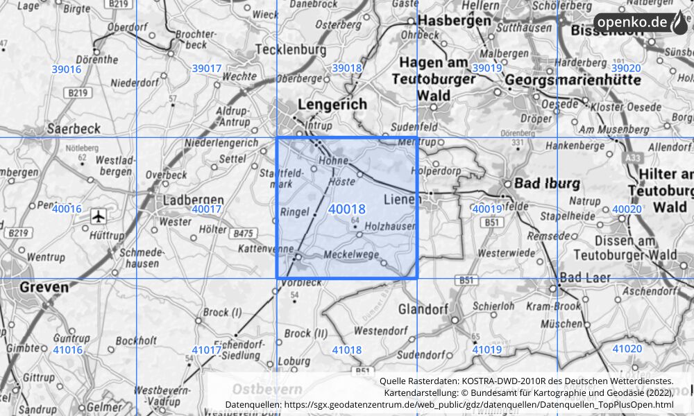 Übersichtskarte KOSTRA-DWD-2010R Rasterfeld Nr. 40018 mit angrenzenden Feldern