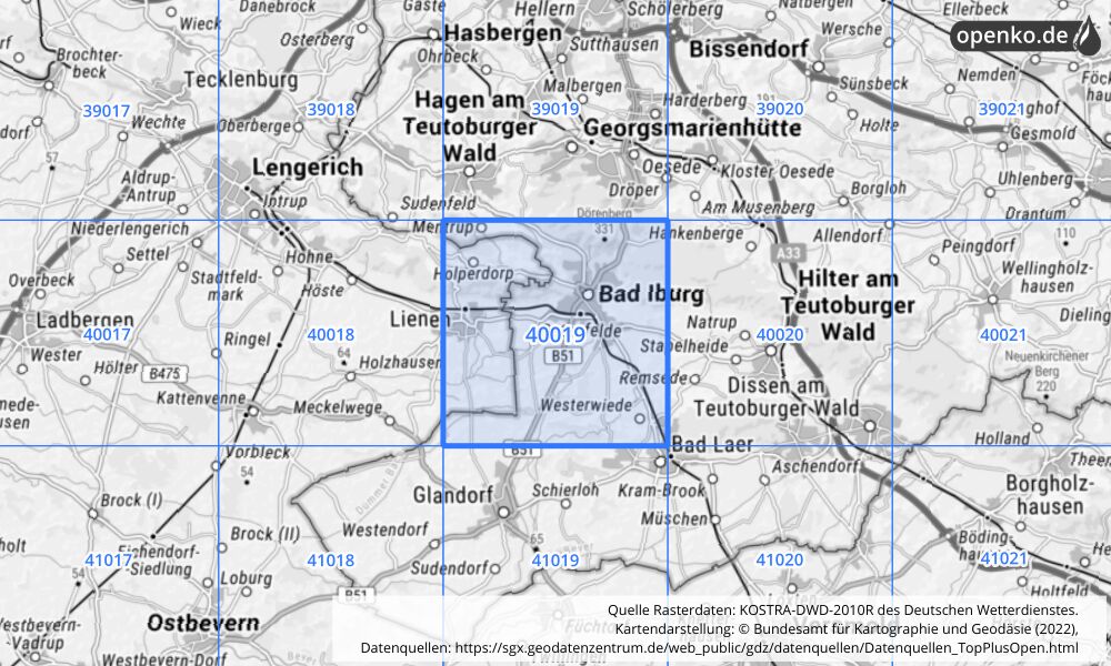 Übersichtskarte KOSTRA-DWD-2010R Rasterfeld Nr. 40019 mit angrenzenden Feldern