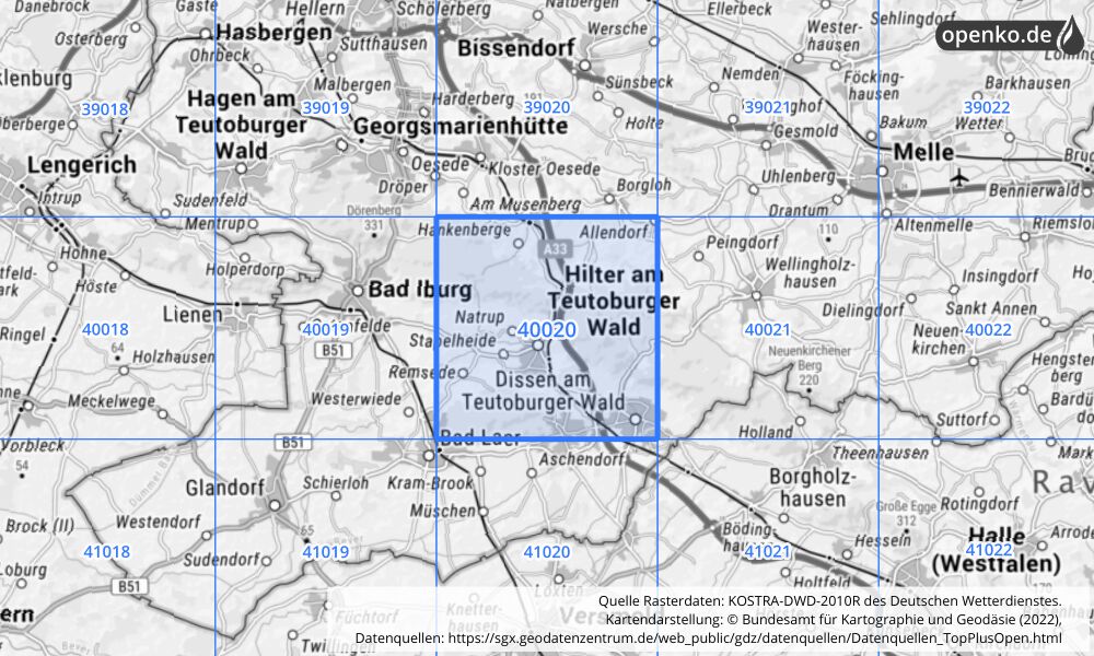 Übersichtskarte KOSTRA-DWD-2010R Rasterfeld Nr. 40020 mit angrenzenden Feldern