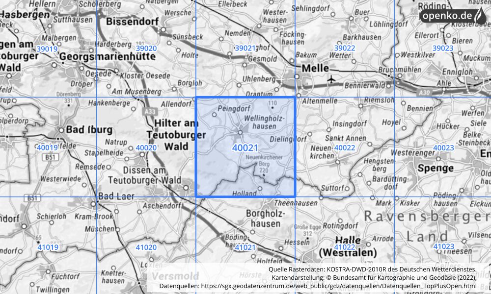 Übersichtskarte KOSTRA-DWD-2010R Rasterfeld Nr. 40021 mit angrenzenden Feldern