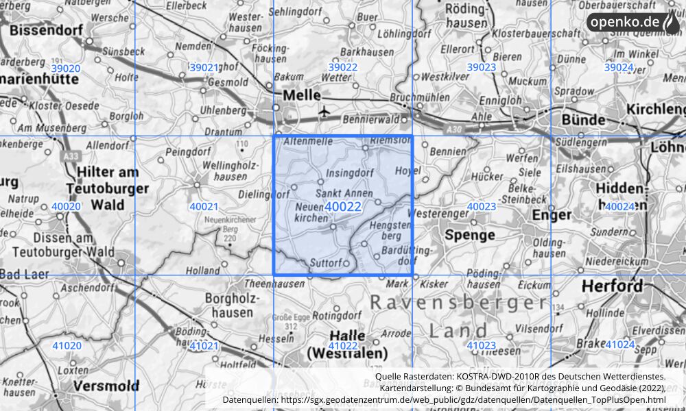 Übersichtskarte KOSTRA-DWD-2010R Rasterfeld Nr. 40022 mit angrenzenden Feldern