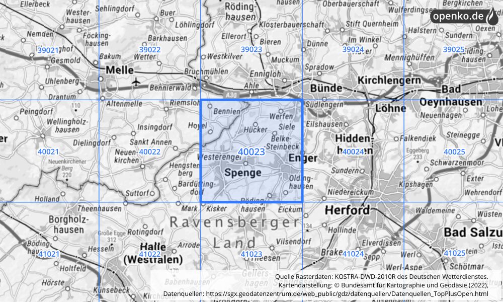 Übersichtskarte KOSTRA-DWD-2010R Rasterfeld Nr. 40023 mit angrenzenden Feldern