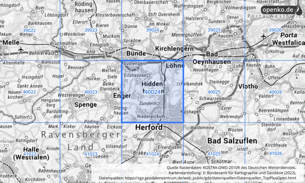 Übersichtskarte KOSTRA-DWD-2010R Rasterfeld Nr. 40024 mit angrenzenden Feldern