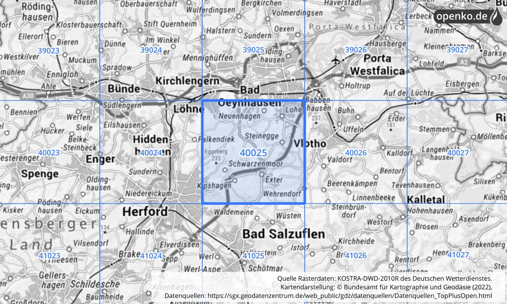 Übersichtskarte KOSTRA-DWD-2010R Rasterfeld Nr. 40025 mit angrenzenden Feldern